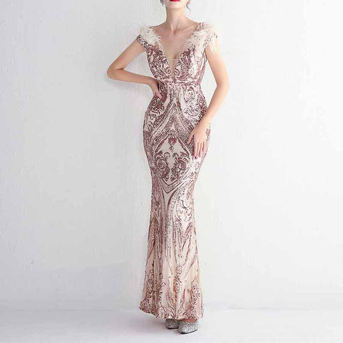 Women Wedding Party Dress Sequin Dress Feather Evening Prom Event Dress