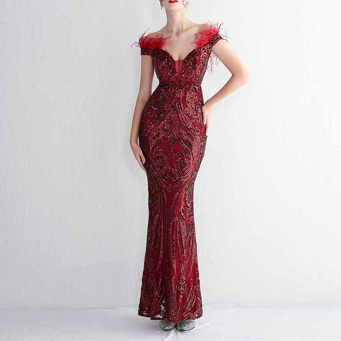 Women Wedding Party Dress Sequin Dress Feather Evening Prom Event Dress