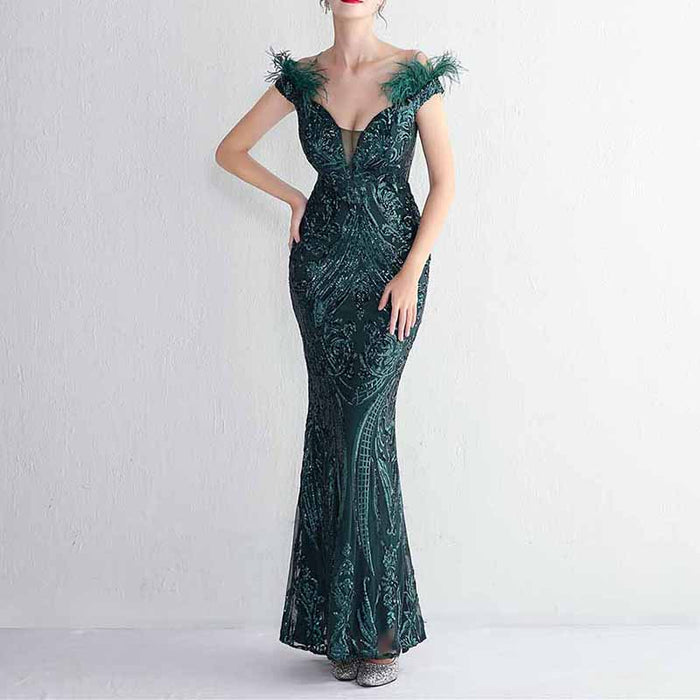 Women Wedding Party Dress Sequin Dress Feather Evening Prom Event Dress
