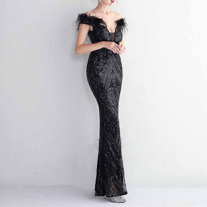 Women Wedding Party Dress Sequin Dress Feather Evening Prom Event Dress