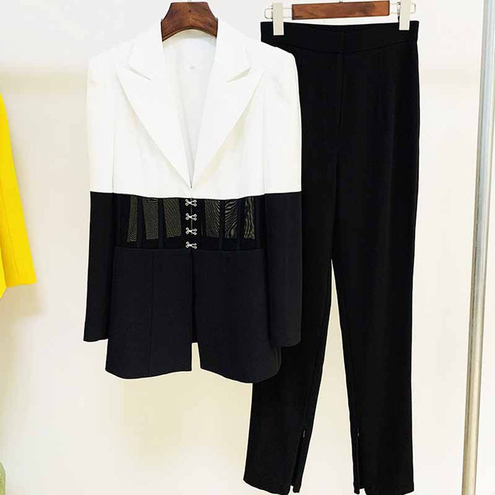 Women White Black Blazer + Flare Trousers Suit