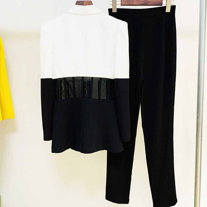 Women White Black Blazer + Flare Trousers Suit