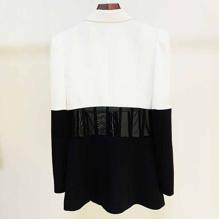 Women White Black Blazer + Flare Trousers Suit