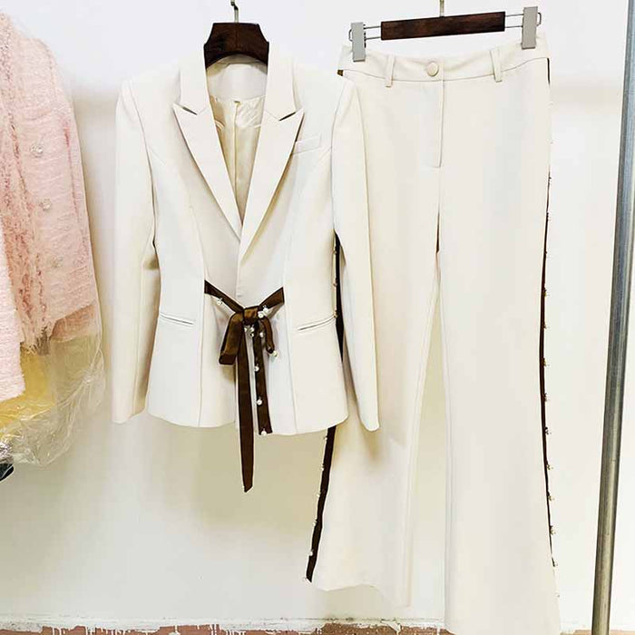 Women White Blazer Lace up Closure Coat + Flare Trousers Suit
