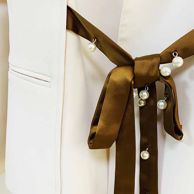 Women White Blazer Lace up Closure Coat + Flare Trousers Suit