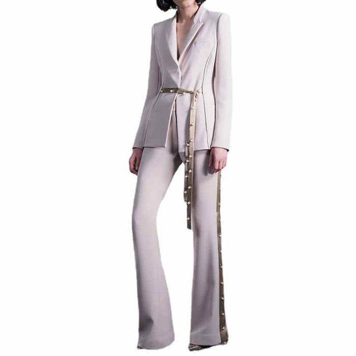 Women White Blazer Lace up Closure Coat + Flare Trousers Suit