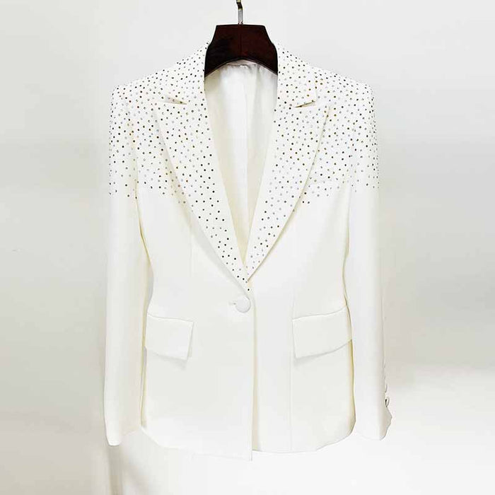 Women White Bling Bling Hot Drill Studs Fitted Blazer + Mini Skirt Suit White