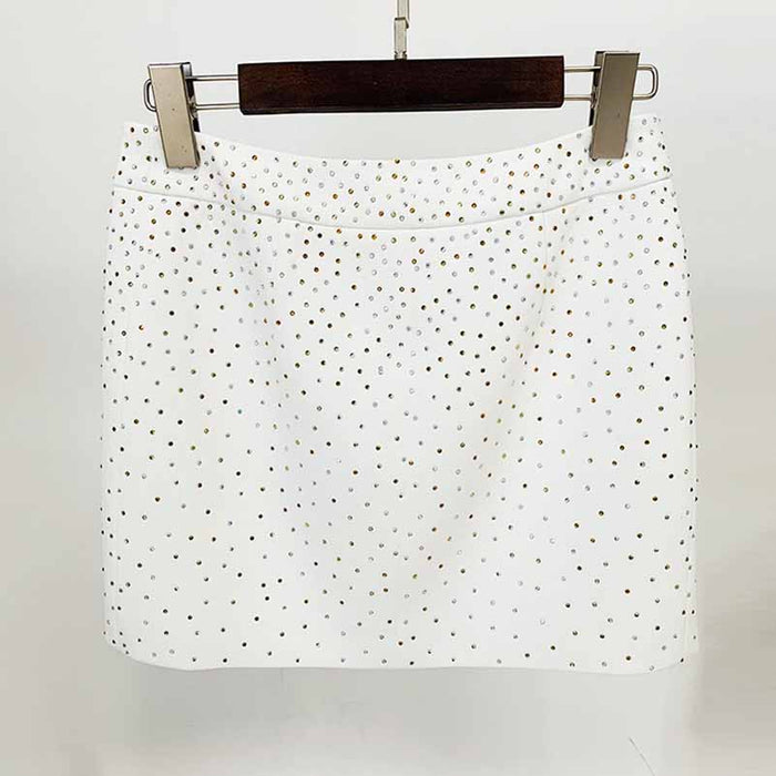 Women White Bling Bling Hot Drill Studs Fitted Blazer + Mini Skirt Suit White