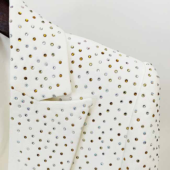 Women White Bling Bling Hot Drill Studs Fitted Blazer + Mini Skirt Suit White