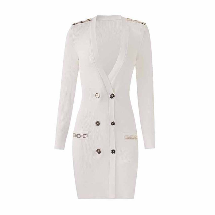 Women White Button-up Knitted Dress V Neck Long Sleeves ribbed-knit Dress