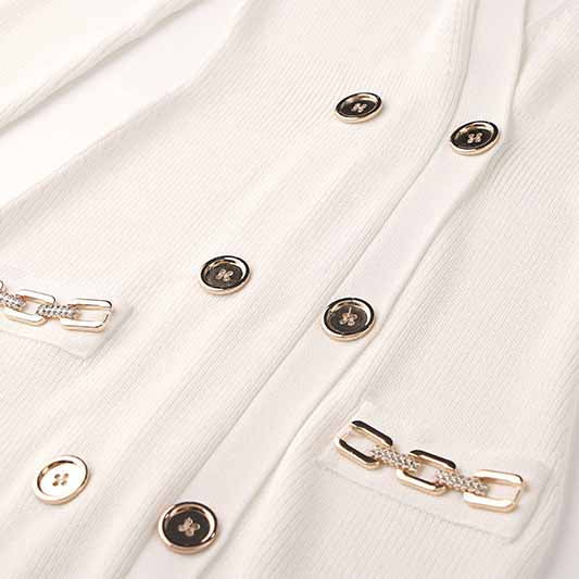 Women White Button-up Knitted Dress V Neck Long Sleeves ribbed-knit Dress