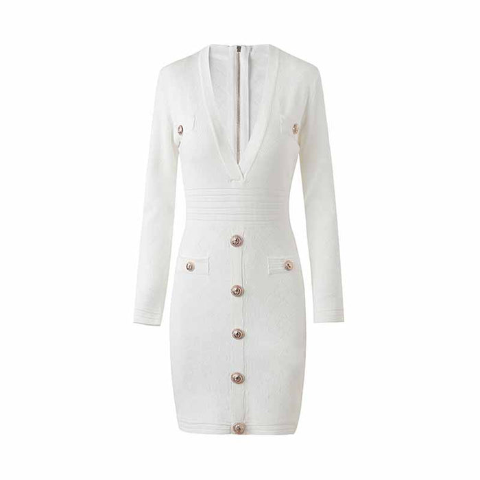 Women White Button-up Knitted Minidress V Neck Long Sleeves ribbed-knit Dress