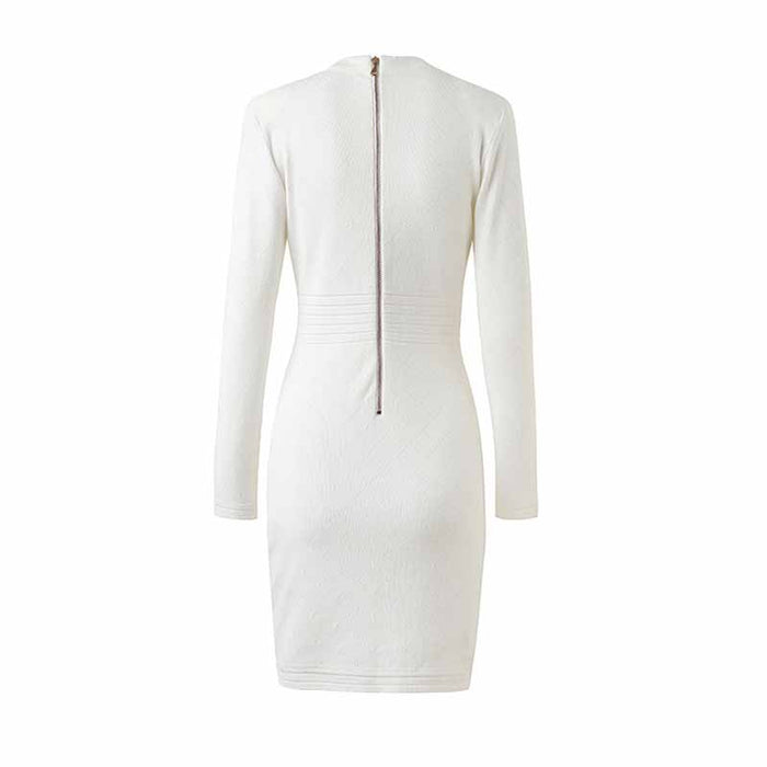 Women White Button-up Knitted Minidress V Neck Long Sleeves ribbed-knit Dress