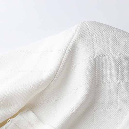 Women White Button-up Knitted Minidress V Neck Long Sleeves ribbed-knit Dress