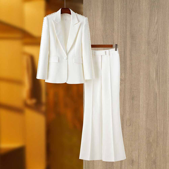 Women White fitted Blazer + Mid-High Rise Flare Trousers Suit Pantsuit