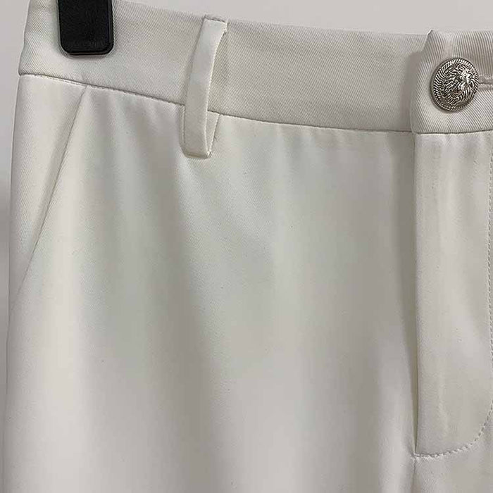 Women White Hight Waisted Formal Pants with Chain Pencil Pants
