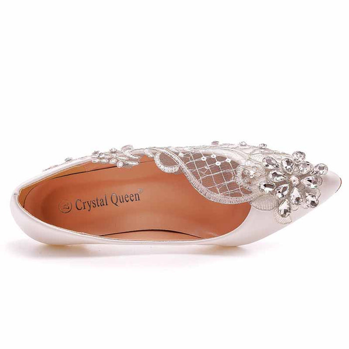 Women White lace Heels Low Heel Sandals Bridal White Lace Wedding Shoes