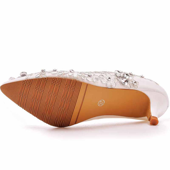 Women White lace Heels Low Heel Sandals Bridal White Lace Wedding Shoes
