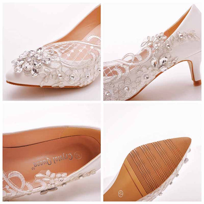 Women White lace Heels Low Heel Sandals Bridal White Lace Wedding Shoes