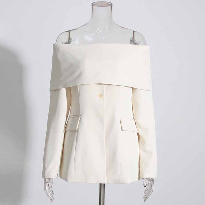 Women White Off-Shoulder Blazer Long Sleeves Coat