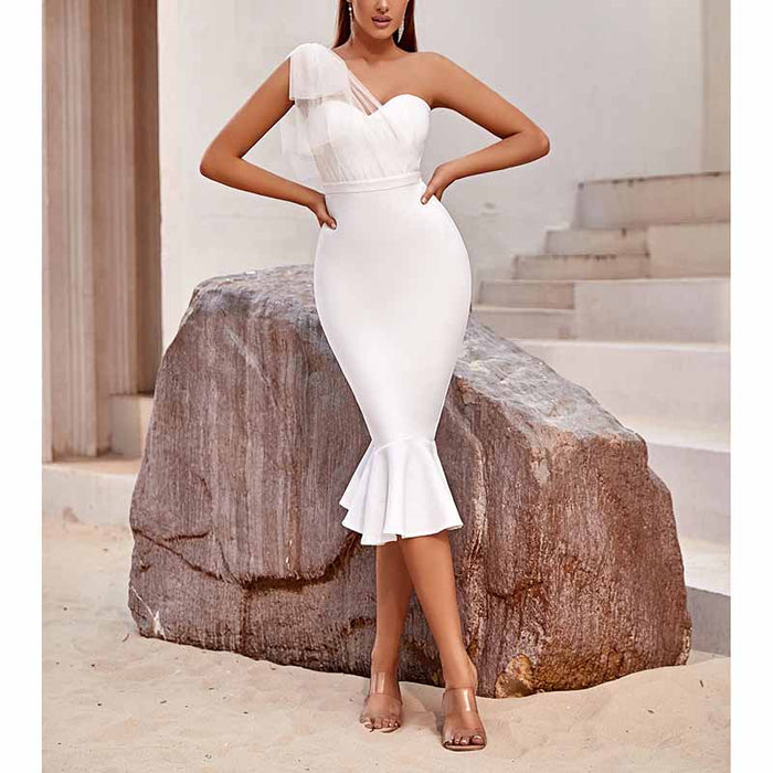 Women White One Shoulder Knitted Bodycon Party dress