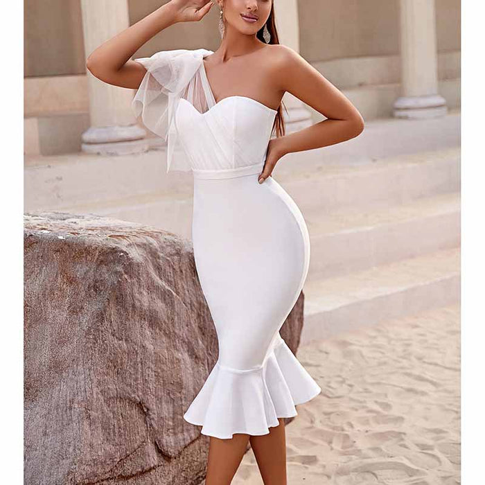 Women White One Shoulder Knitted Bodycon Party dress