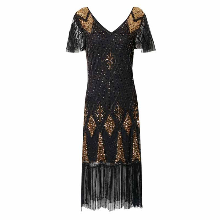 Women's 1920s Dress Sequin Art Deco Flapper Dress with Sleeve
