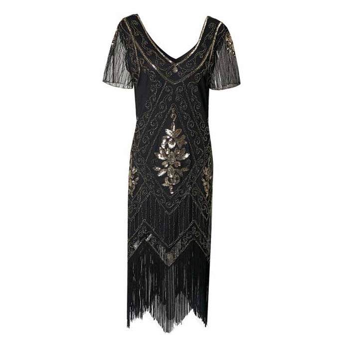 Women's 1920s Dress Sequin Art Deco Flapper Dress with Sleeve