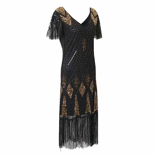 Women's 1920s Dress Sequin Art Deco Flapper Dress with Sleeve