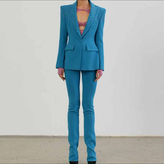 Women's 2 Piece One Button Blue Suit Fashionable Drilling Set Slim Fit Blazer Pans Suits