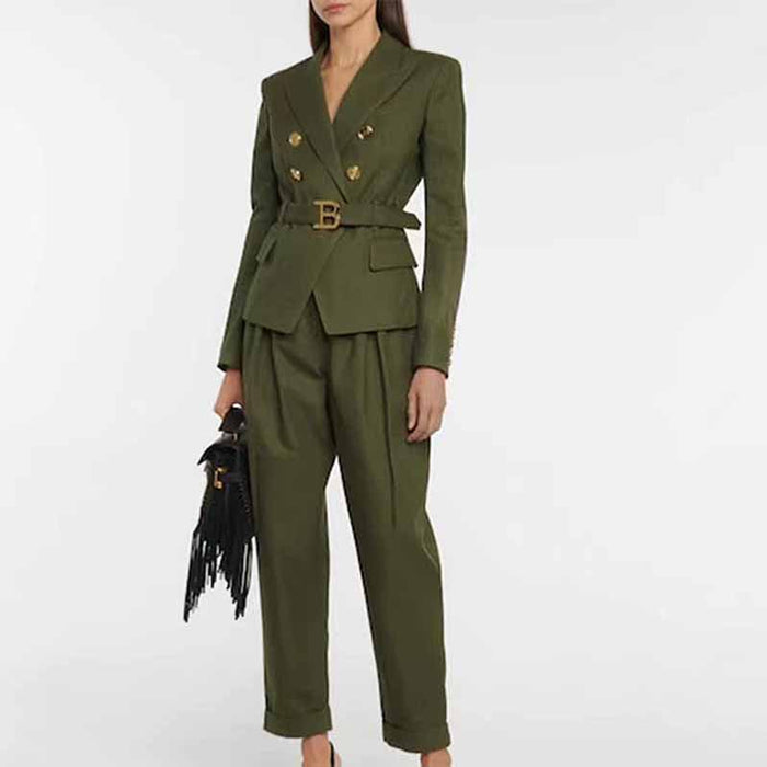 Women's Army Green Pantsuit +High Waisted Two Piece Pants Set Suits With Belt