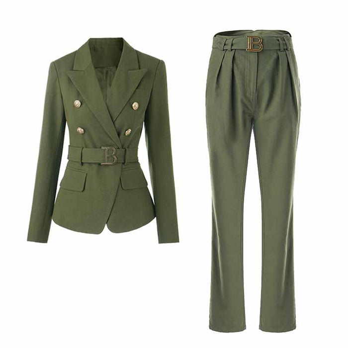 Women's Army Green Pantsuit +High Waisted Two Piece Pants Set Suits With Belt