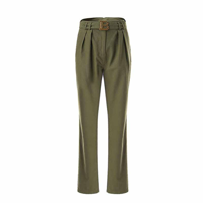 Women's Army Green Pantsuit +High Waisted Two Piece Pants Set Suits With Belt