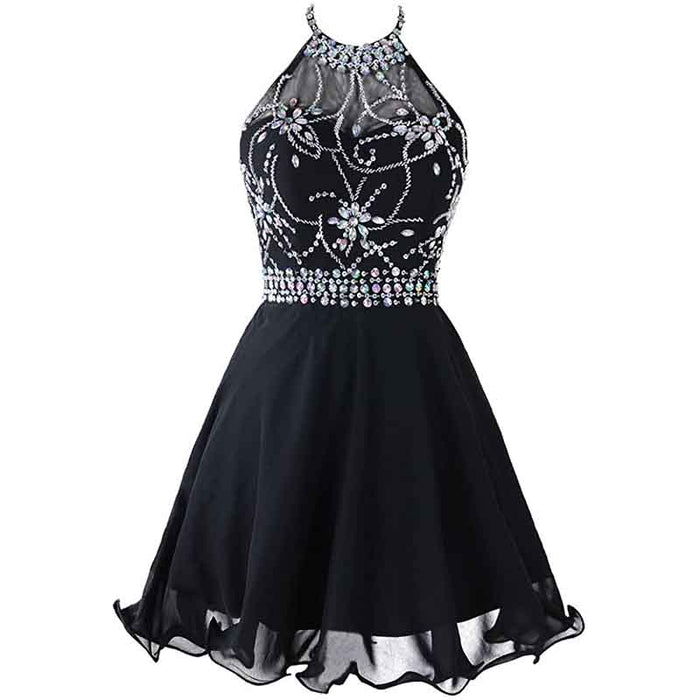 Women's Beaded Halter Homecoming Dress Short Tulle Prom Dress