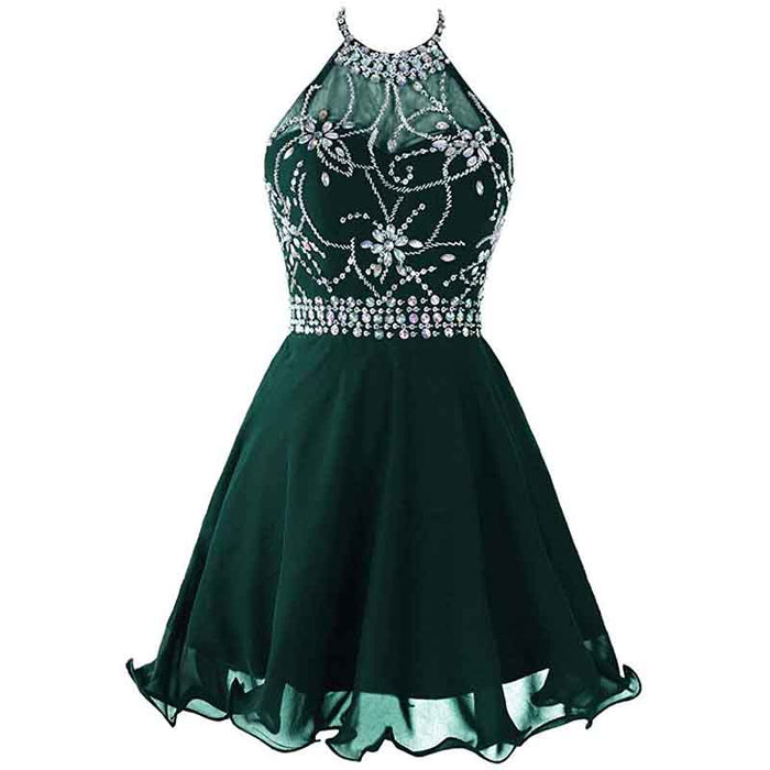 Women's Beaded Halter Homecoming Dress Short Tulle Prom Dress