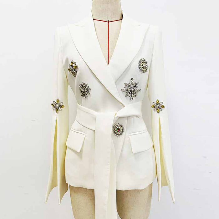 Women's Belted Embroidery Flare Sleeves White / Black Blazer Jacket Formal Event Blazer