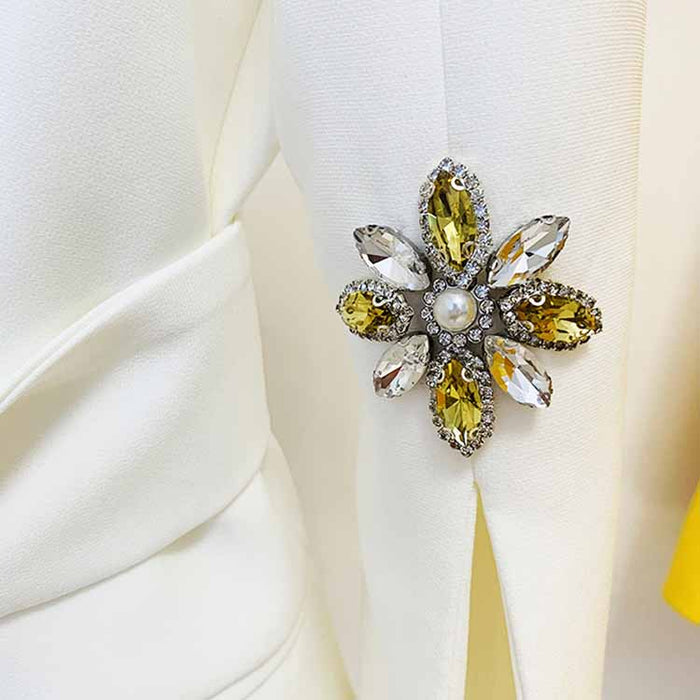 Women's Belted Embroidery Flare Sleeves White / Black Blazer Jacket Formal Event Blazer