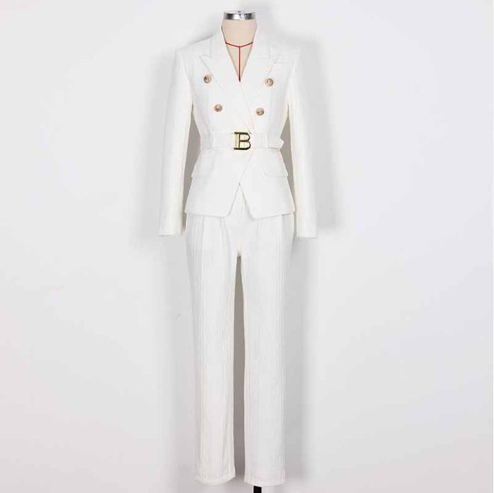 Women's Belted Pant Suit Formal 2 Piece Blazer and Pants Business Set