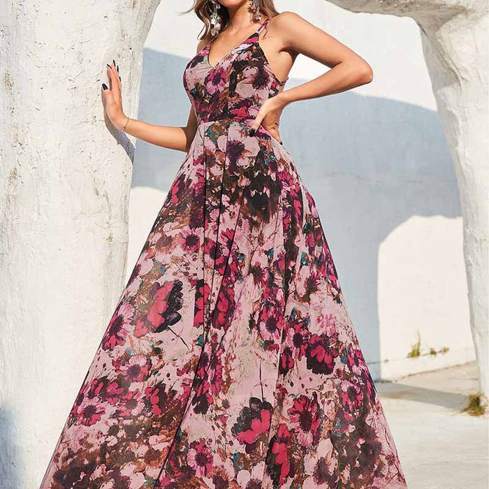 Womens Black and Pink Floral-Printed Maxi Dress