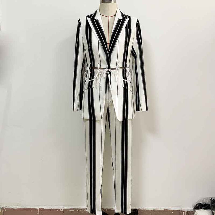 Women's Black and White Striped Pants Suit