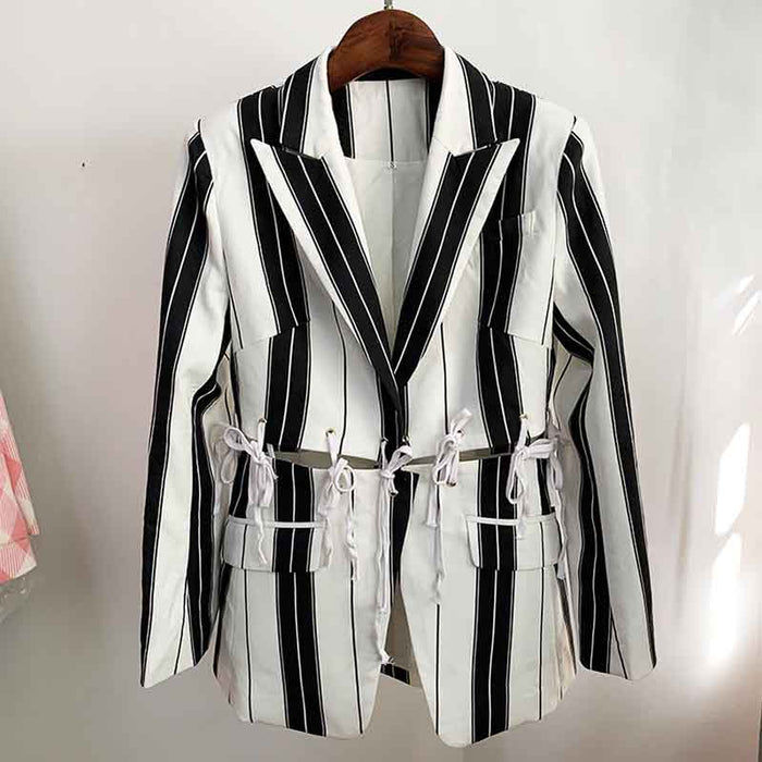 Women's Black and White Striped Pants Suit