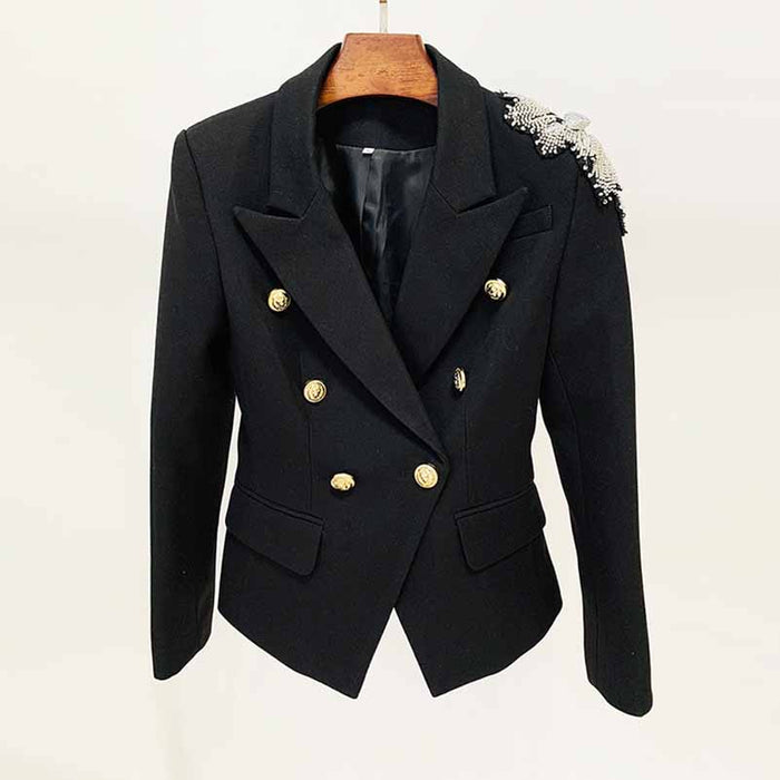 Women's Black Coat Double-Breasted Blazer Jacket With Beads