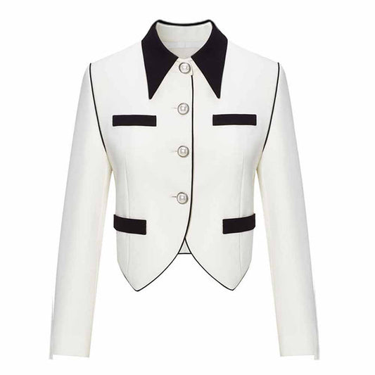 Women's Black Collar Fitted White Blazer Jacket