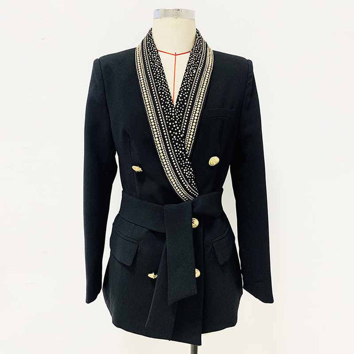 Womens Black Metal Coat Double Breasted Lion Button Blazer with Belt Outwear