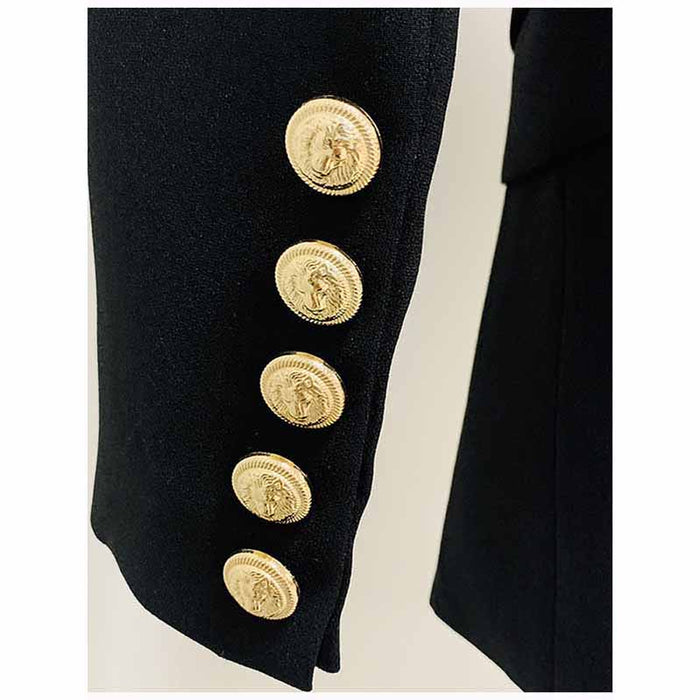 Womens Black Metal Coat Double Breasted Lion Button Blazer with Belt Outwear