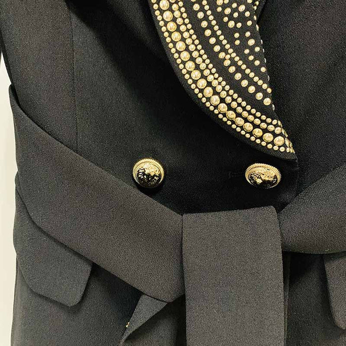 Womens Black Metal Coat Double Breasted Lion Button Blazer with Belt Outwear