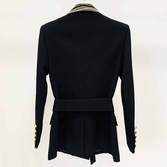 Womens Black Metal Coat Double Breasted Lion Button Blazer with Belt Outwear