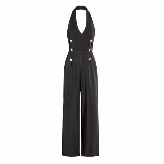 Womens black Open Back Wide Leg Jumpsuit One Piece Romper