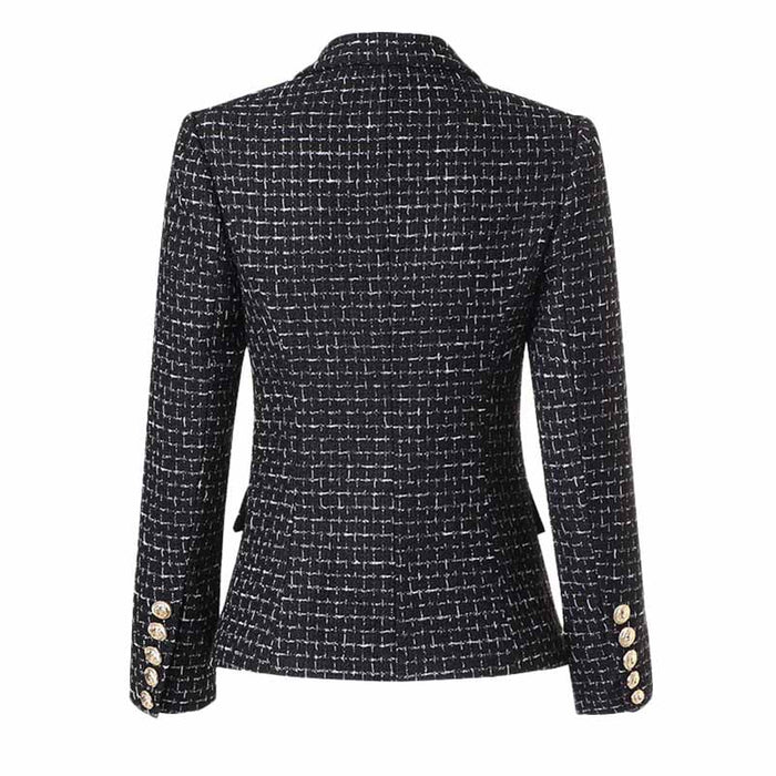 Women's Black Plaid Tweed Blazer Double Breasted Business Jacket