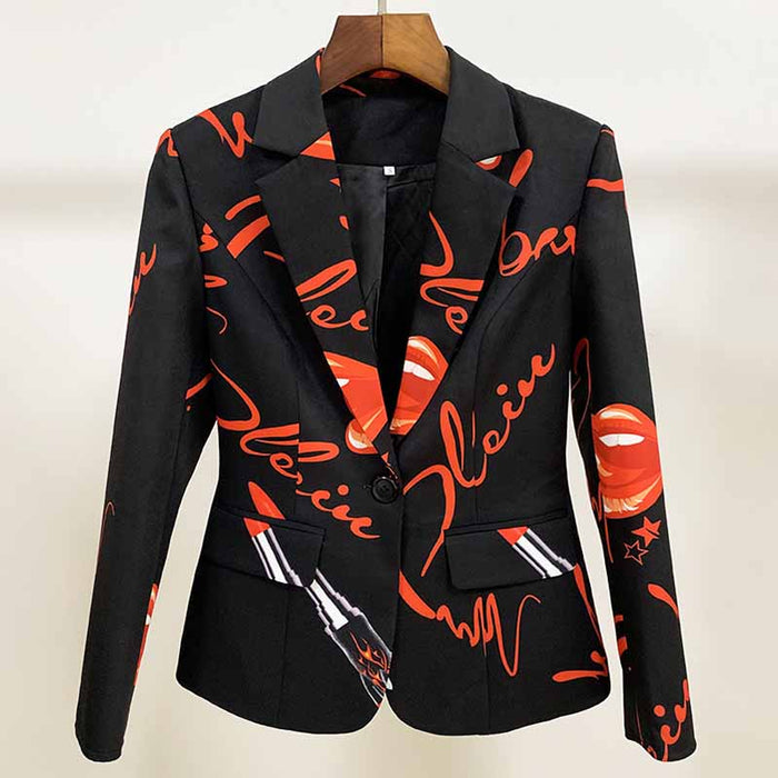 Womens Black Printing Blazer + Flare Trousers Suit Two Piece Formal Pantsuits